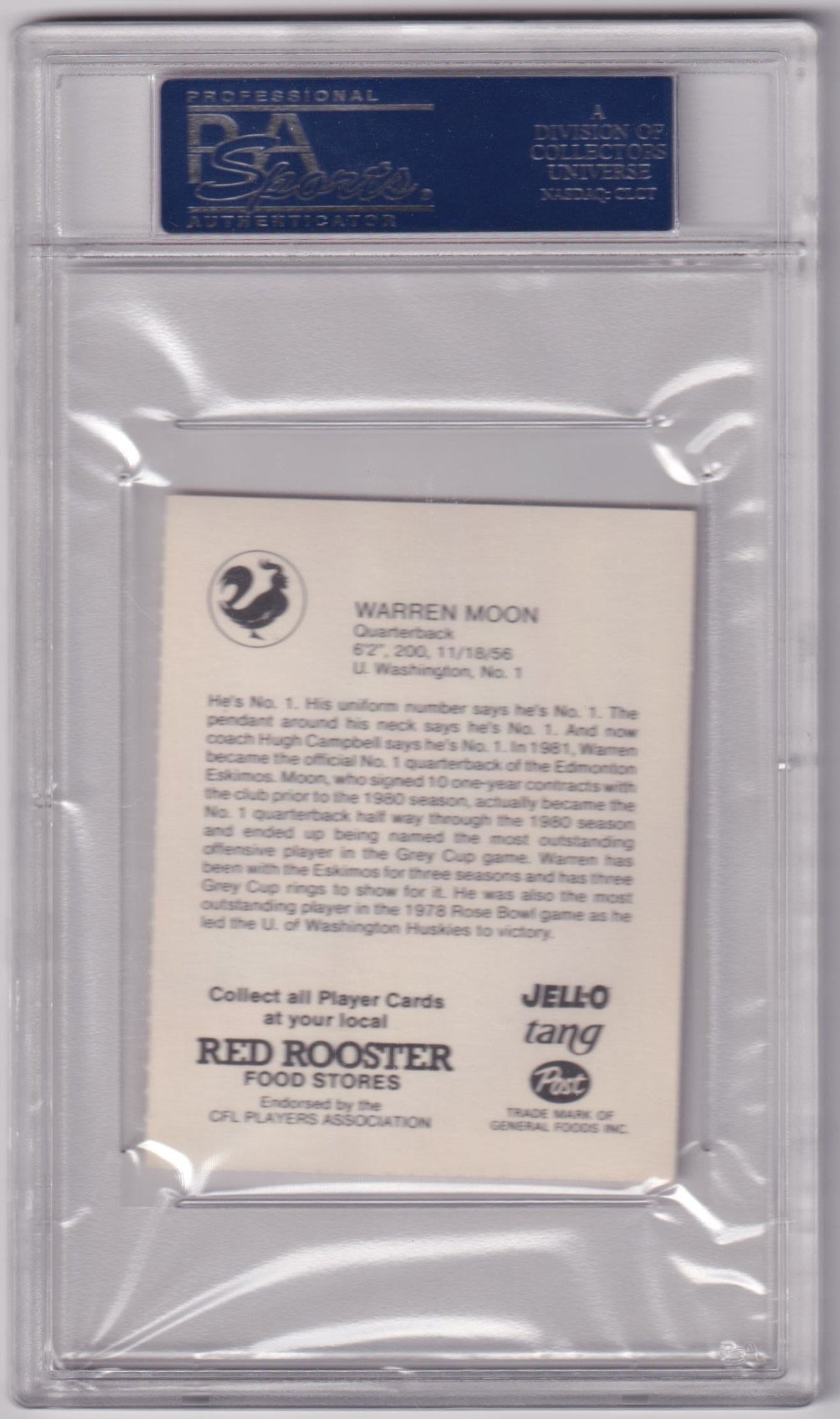 WARREN MOON 1981 Red Rooster Edmonton Eskimos RC Rookie PSA 8 NM - MT HOF - Columbia Hobby - Sports Card Boxes - Toploaders - Card Savers