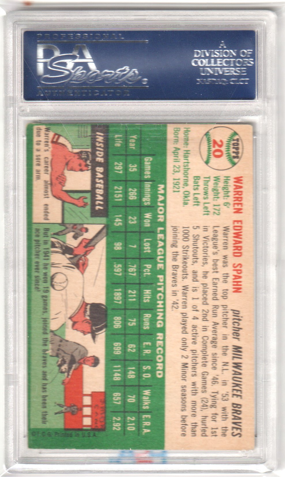 WARREN SPAHN 1954 Topps 20 PSA 6 EX - MT - BRAVES - Columbia Hobby - Sports Card Boxes - Toploaders - Card Savers