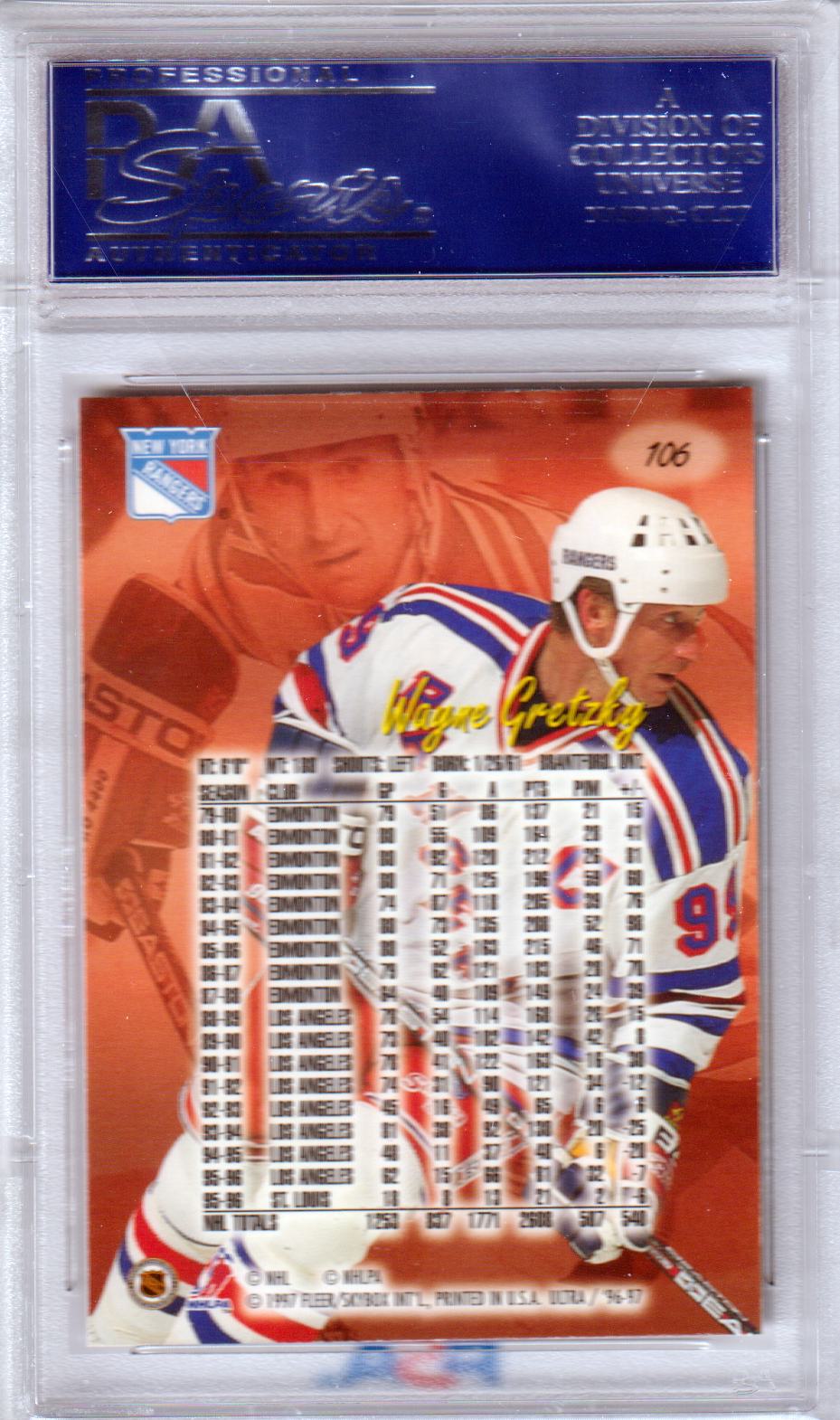 WAYNE GRETZKY 1996 - 97 Fleer Ultra #106 PSA 10 GEM MINT - RANGERS - POP 12 - Columbia Hobby - Sports Card Boxes - Toploaders - Card Savers