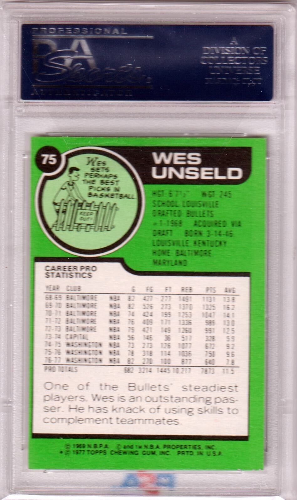 WES UNSELD 1977 - 78 Topps #75 PSA 9 MINT - BULLETS - Columbia Hobby - Sports Card Boxes - Toploaders - Card Savers