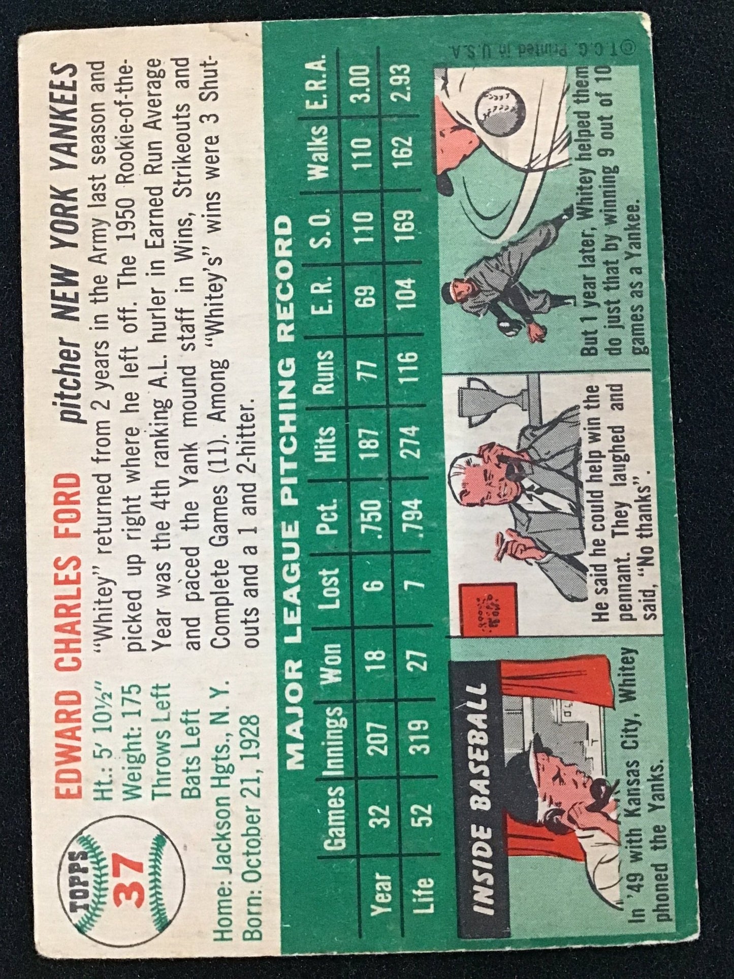 Whitey Ford 1954 Topps #37 New York Yankees - Columbia Hobby - Sports Card Boxes - Toploaders - Card Savers