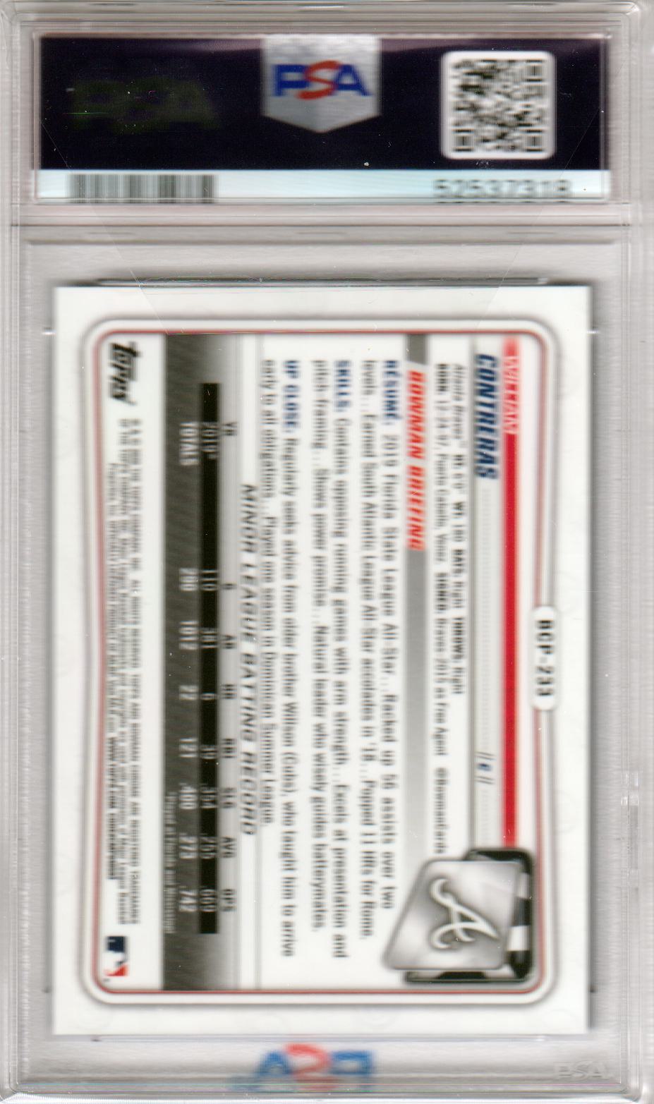 WILLIAM CONTRERAS 2020 Bowman Chrome Mega Box RC Blue Refractor #BCP233 PSA 10 - Columbia Hobby - Sports Card Boxes - Toploaders - Card Savers