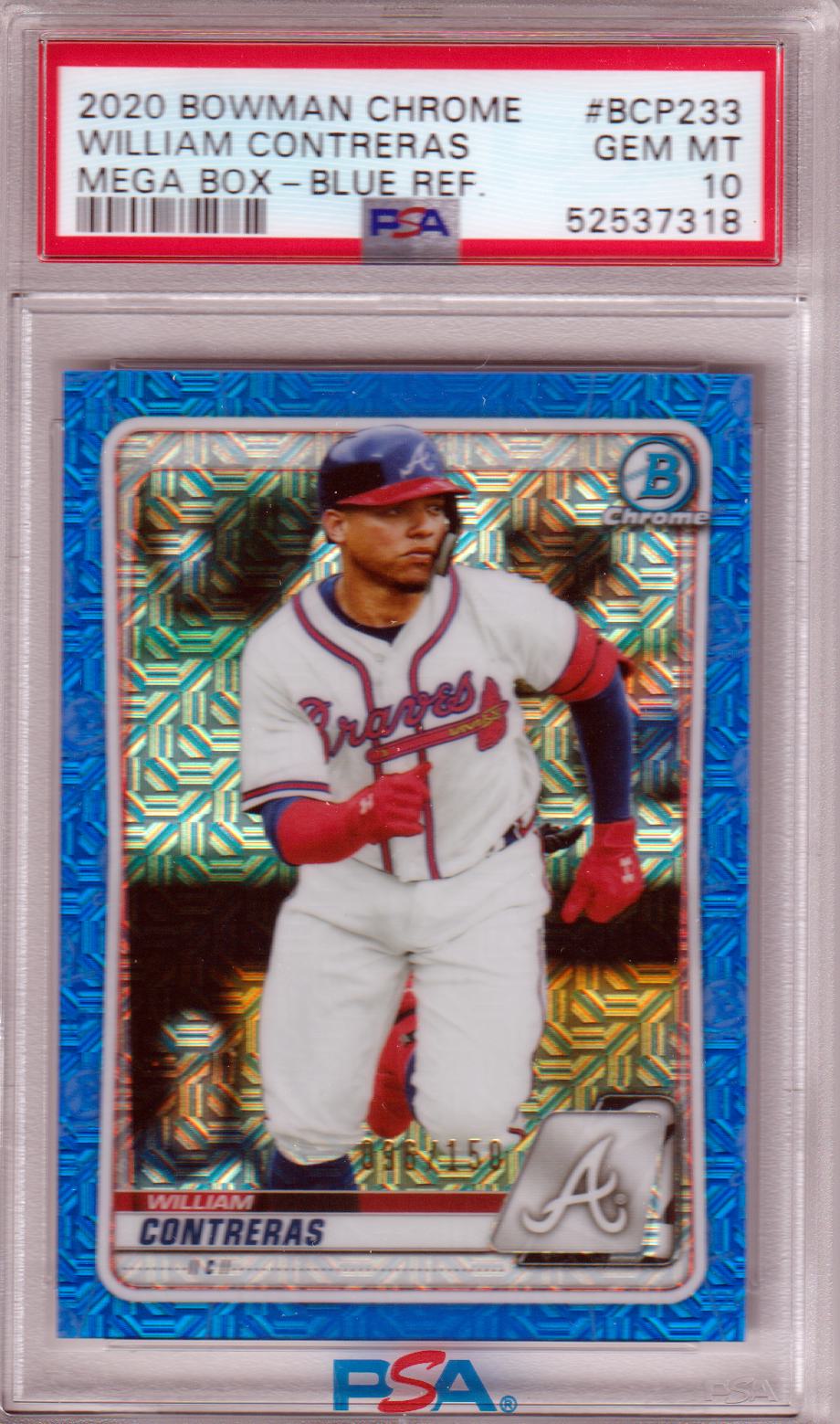 WILLIAM CONTRERAS 2020 Bowman Chrome Mega Box RC Blue Refractor #BCP233 PSA 10 - Columbia Hobby - Sports Card Boxes - Toploaders - Card Savers