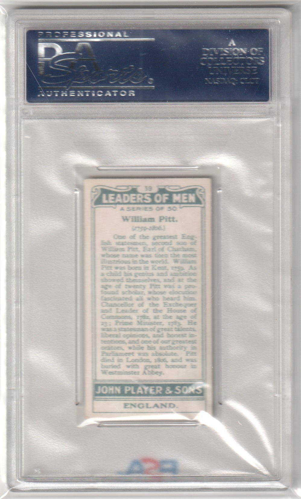 William Pitt 1925 John Player & Son Leaders Of Men #39 PSA 6 - Columbia Hobby - Sports Card Boxes - Toploaders - Card Savers