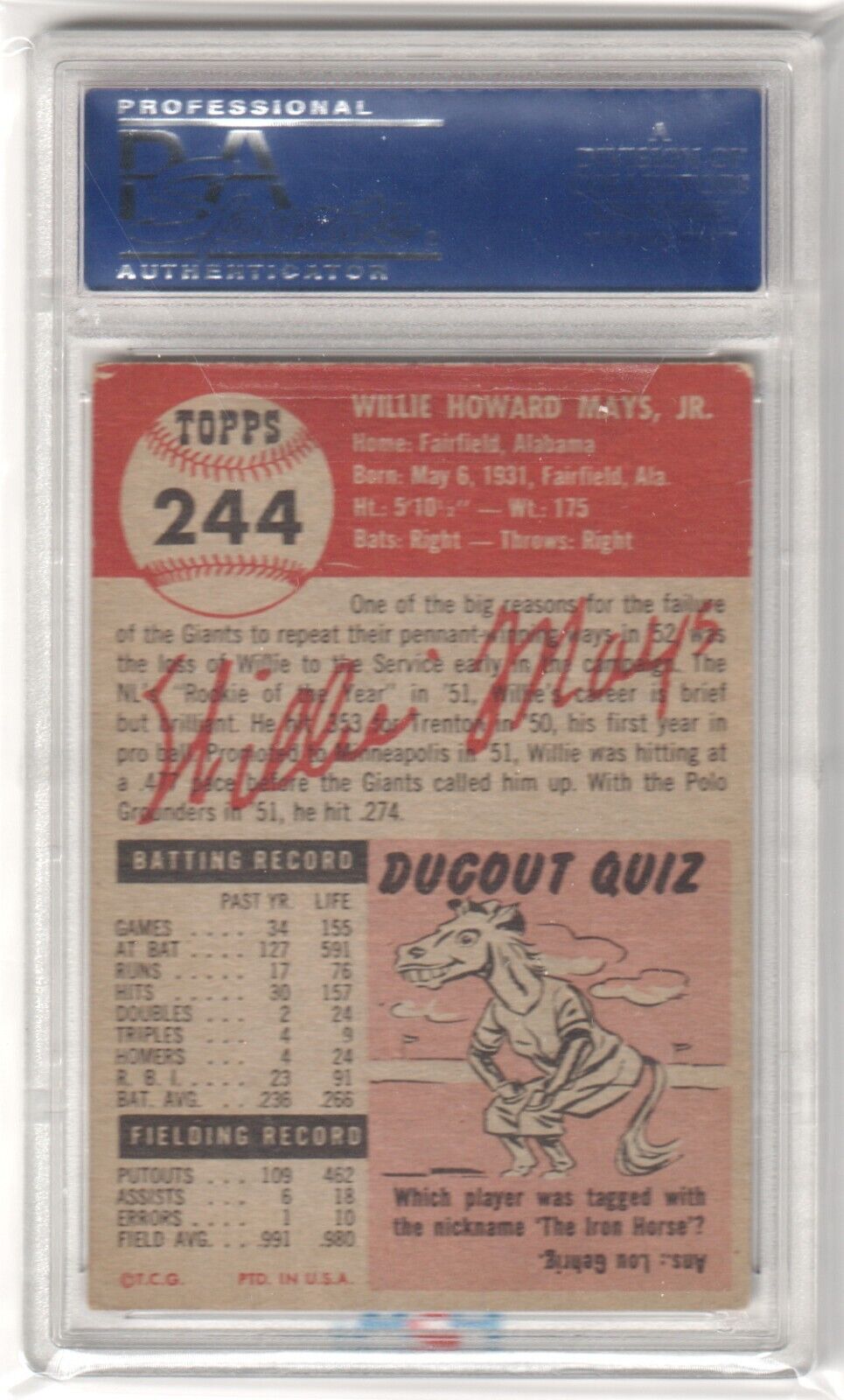 WILLIE MAYS 1953 Topps #244 Graded PSA 4 VG - EX - GIANTS - Columbia Hobby - Sports Card Boxes - Toploaders - Card Savers
