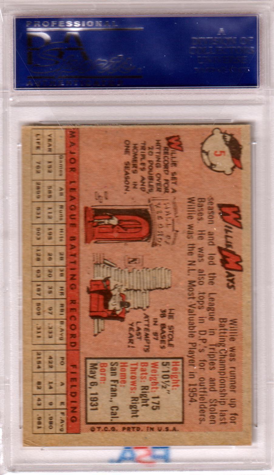 WILLIE MAYS 1958 Topps 5 PSA 6 - San Francisco Giants - Columbia Hobby - Sports Card Boxes - Toploaders - Card Savers