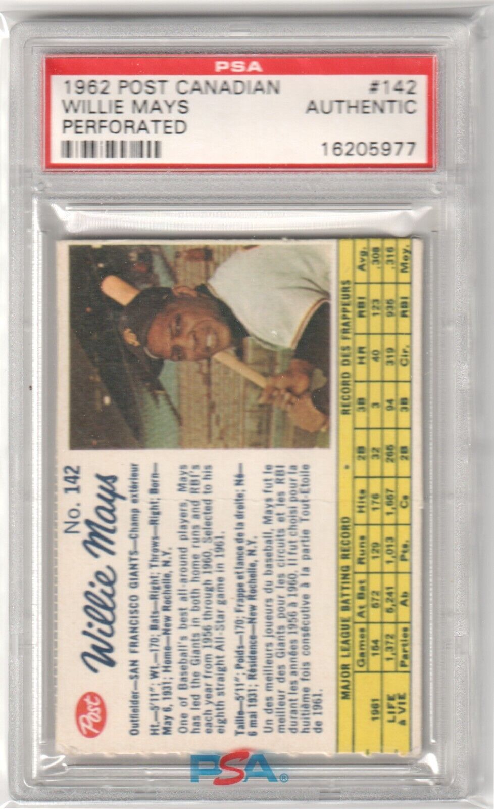 WILLIE MAYS 1962 Post Canadian #142 Graded PSA Authentic - GIANTS - Columbia Hobby - Sports Card Boxes - Toploaders - Card Savers