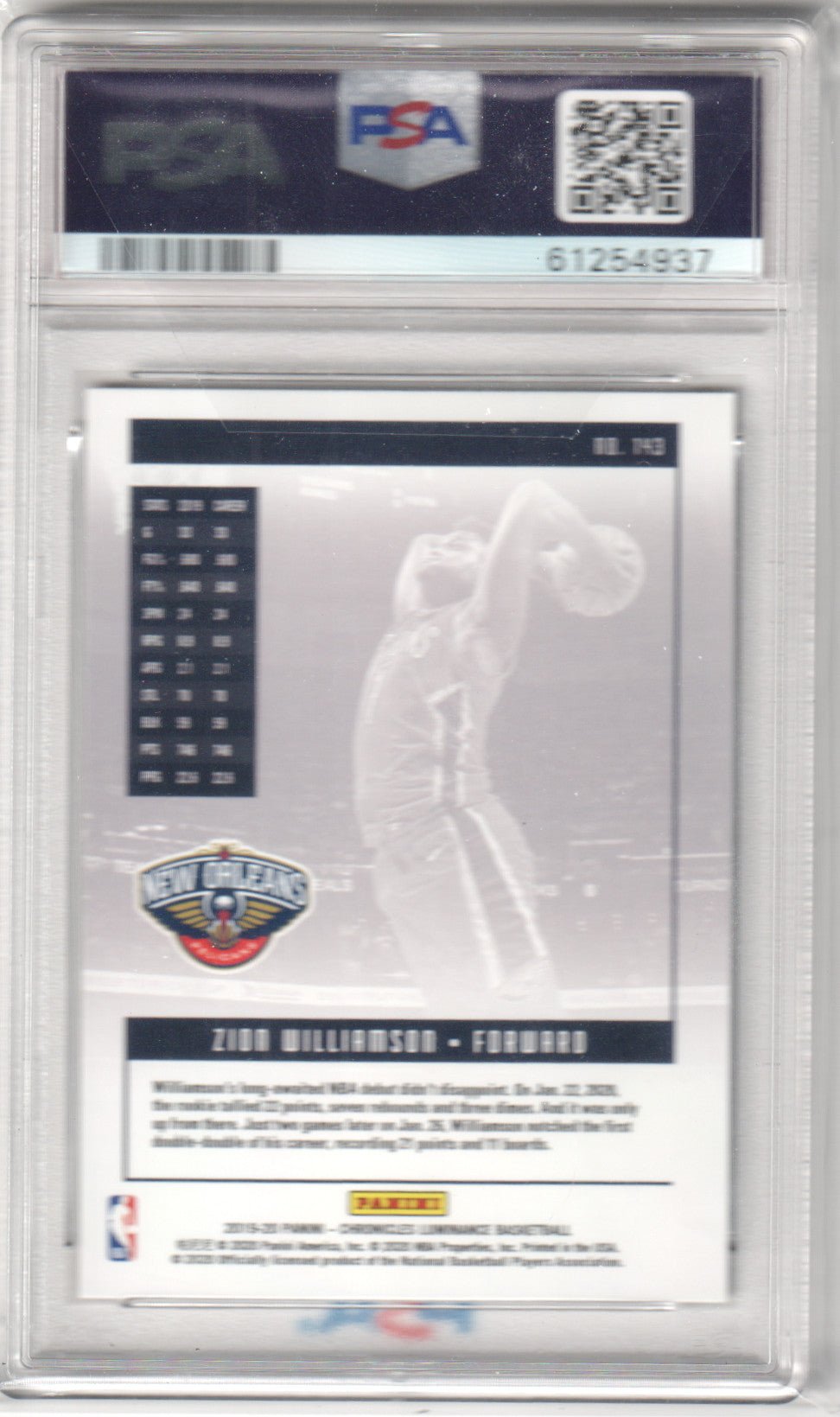 ZION WILLIAMSON 2019 - 20 Panini Chronicles RC Rookie #143 Green PSA 8 NM - MT - Columbia Hobby - Sports Card Boxes - Toploaders - Card Savers