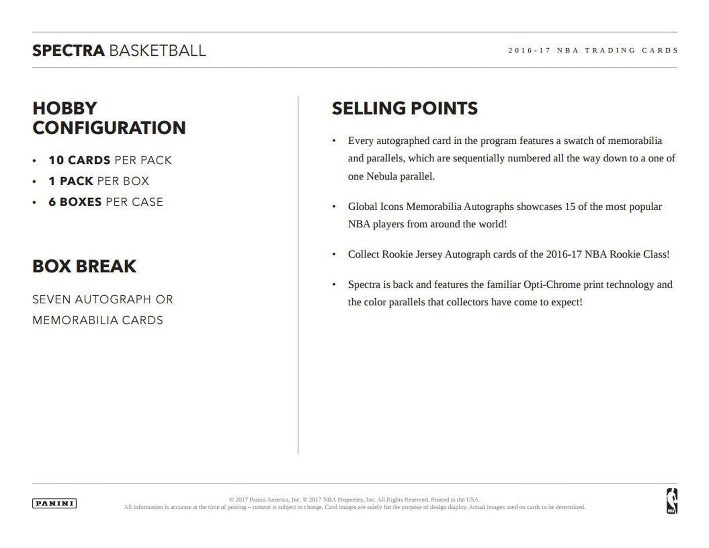 2016 - 17 Panini Spectra Basketball Hobby Box - Columbia Hobby - Sports Card Boxes - Toploaders - Card Savers