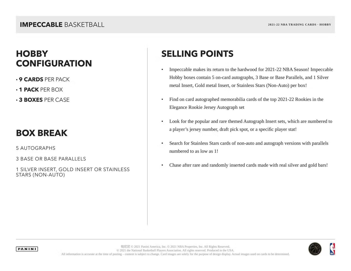 2021 - 22 Panini Impeccable Basketball Hobby Box - Columbia Hobby - Sports Card Boxes - Toploaders - Card Savers