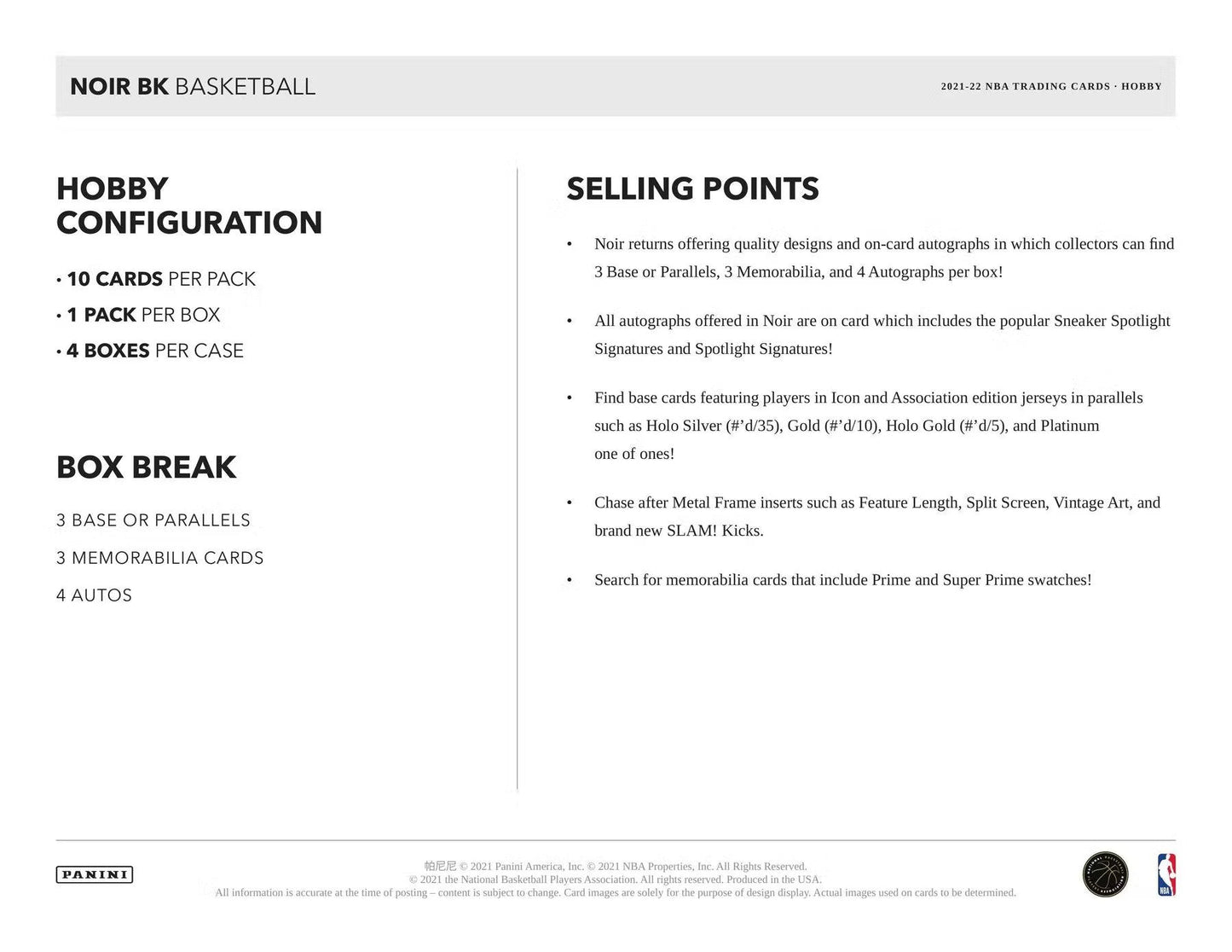 2021 - 22 Panini Noir Basketball Hobby Box - Columbia Hobby - Sports Card Boxes - Toploaders - Card Savers