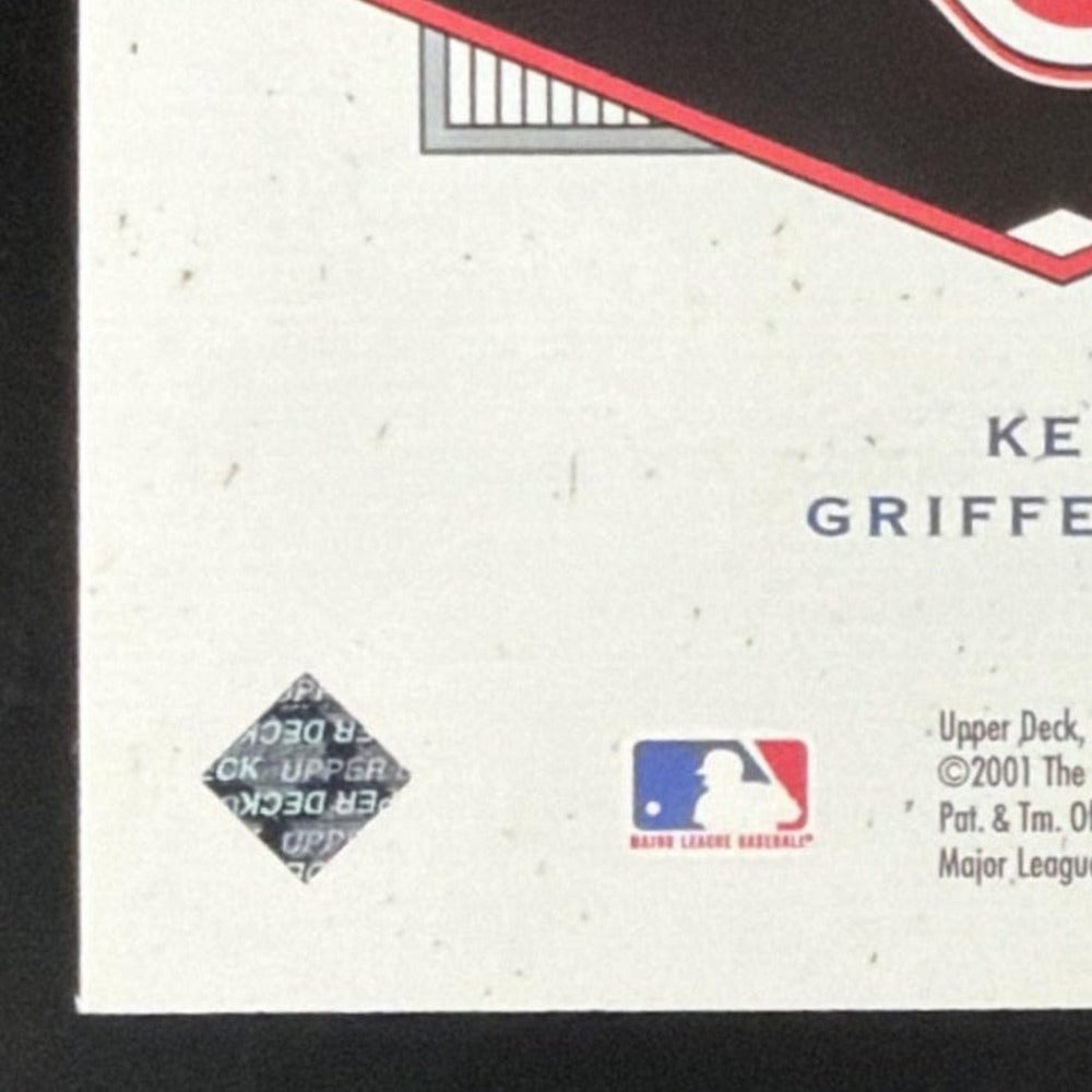 2001 SP Authentic UD Exclusives Ken Griffey Jr. Jersey /243 card - back bottom left corner close-up