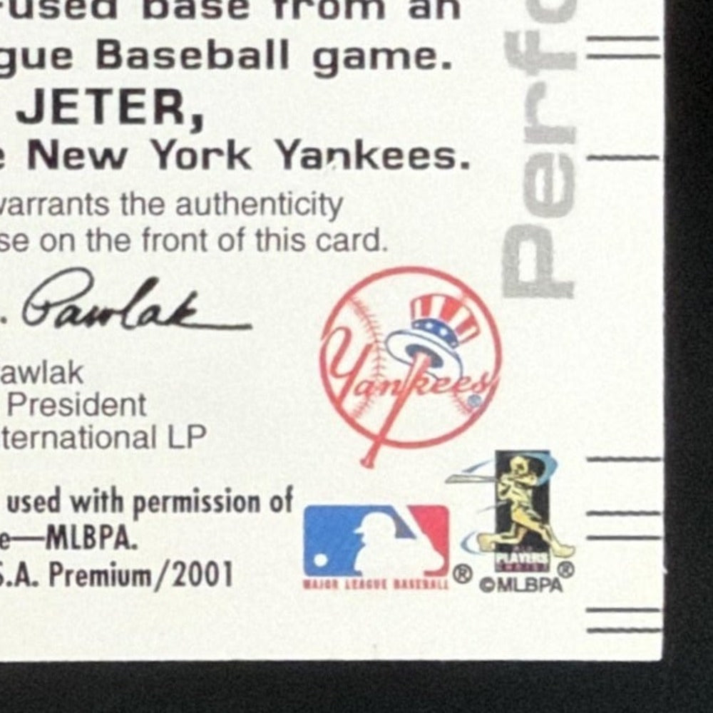 2001 Fleer Premium Performers Game Base Derek Jeter Base /150 card - back bottom right corner close-up