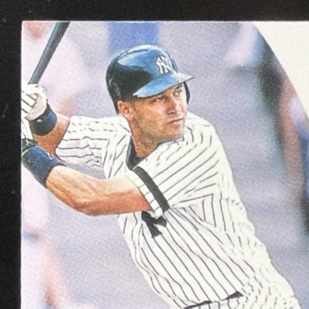 2001 Fleer Premium Performers Game Base Derek Jeter Base /150 card - back top left corner close-up
