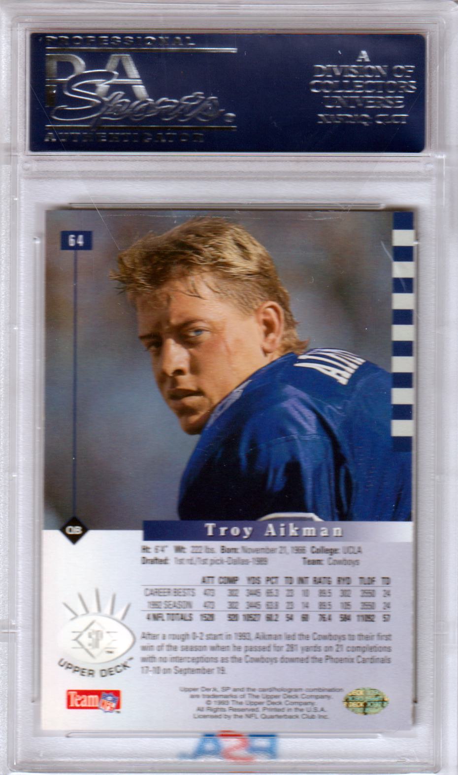 TROY AIKMAN 1993 Upper Deck SP #64 PSA 10 GEM MINT - COWBOYS