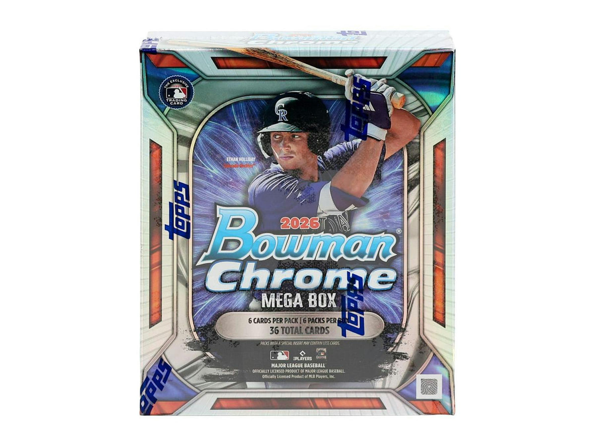 2026 Bowman Chrome Baseball Mega Box
2026 Bowman Chrome Baseball Mega Box booster packs
2026 Bowman Chrome Baseball prospect trading card
2026 Bowman Chrome Baseball 1st Bowman prospect card
2026 Bowman Chrome Baseball prospect autograph card
2026 Bowman Chrome Baseball rookie autograph card
2026 Bowman Chrome Baseball WBC Flag Variation card
2026 Bowman Chrome Baseball Bowman GPK insert card
2026 Bowman Chrome Baseball Bowman Spotlights insert card
2026 Bowman Chrome Baseball Travel Tags insert card
2026 B