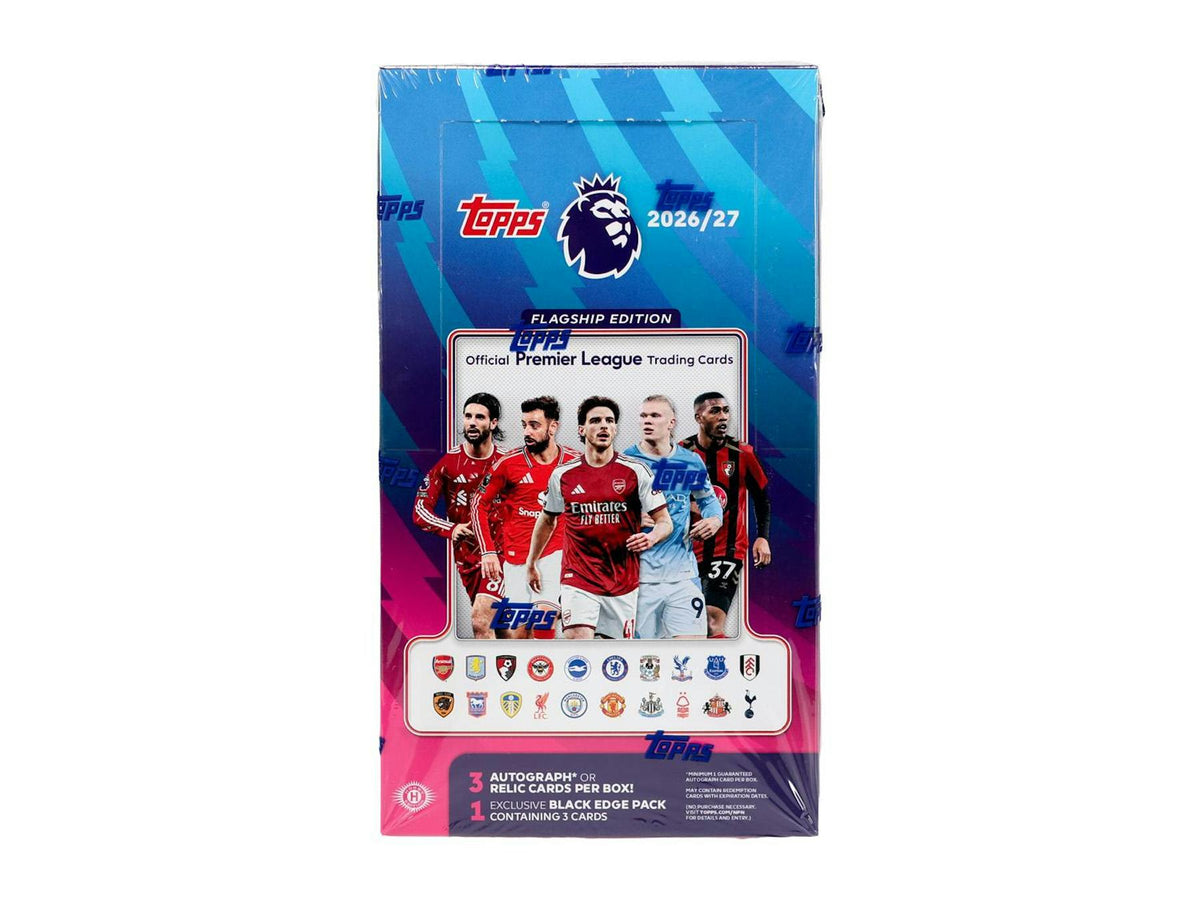 2026/27 Topps Premier League EPL Soccer Hobby Box
2026/27 Topps Premier League Flagship base soccer cards
2026/27 Topps Premier League Future Stars cards
2026/27 Topps Premier League Chrome Classics insert card
2026/27 Topps Premier League Gold Lion card
2026/27 Topps Premier League Black Edge premium cards
2026/27 Topps Premier League Home Pitch short print card
2026/27 Topps Premier League Perfect Storm short print card
2026/27 Topps Premier League All Kings ultra-rare card
2026/27 Topps Premier League au