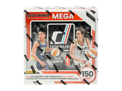 2026 Panini Donruss WNBA Basketball Mega Box containing 10 packs and 150 cards

2026 Panini Donruss WNBA Mega Box trading card packs

2026 Donruss WNBA Mega Box Exclusive Green Shimmer parallel trading card

2026 Panini Donruss WNBA Downtown short-print insert card

2026 Donruss WNBA Pink Shimmer parallel numbered to 25

2026 Donruss WNBA Retro 1986 Signatures autograph trading card