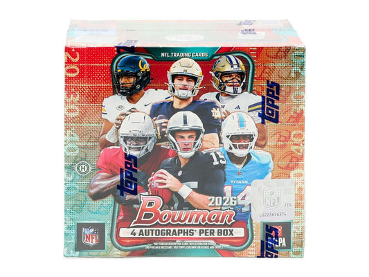 2026 Bowman Football Hobby Jumbo Box
2026 Bowman Football Jumbo-exclusive Gridiron Refractor numbered to 125
2026 Bowman Football Jumbo-exclusive Purple X-Fractor numbered to 75
2026 Bowman Football Jumbo-exclusive Black X-Fractor numbered to 10
2026 Bowman Football Jumbo-exclusive Red X-Fractor numbered to 5
2026 Bowman Football 1st Bowman collegiate prospect card
2026 Bowman Football Chrome Rookie Autograph card
2026 Bowman Football Chrome Prospect Autograph card
2026 Bowman Football Dual Autograph card
2