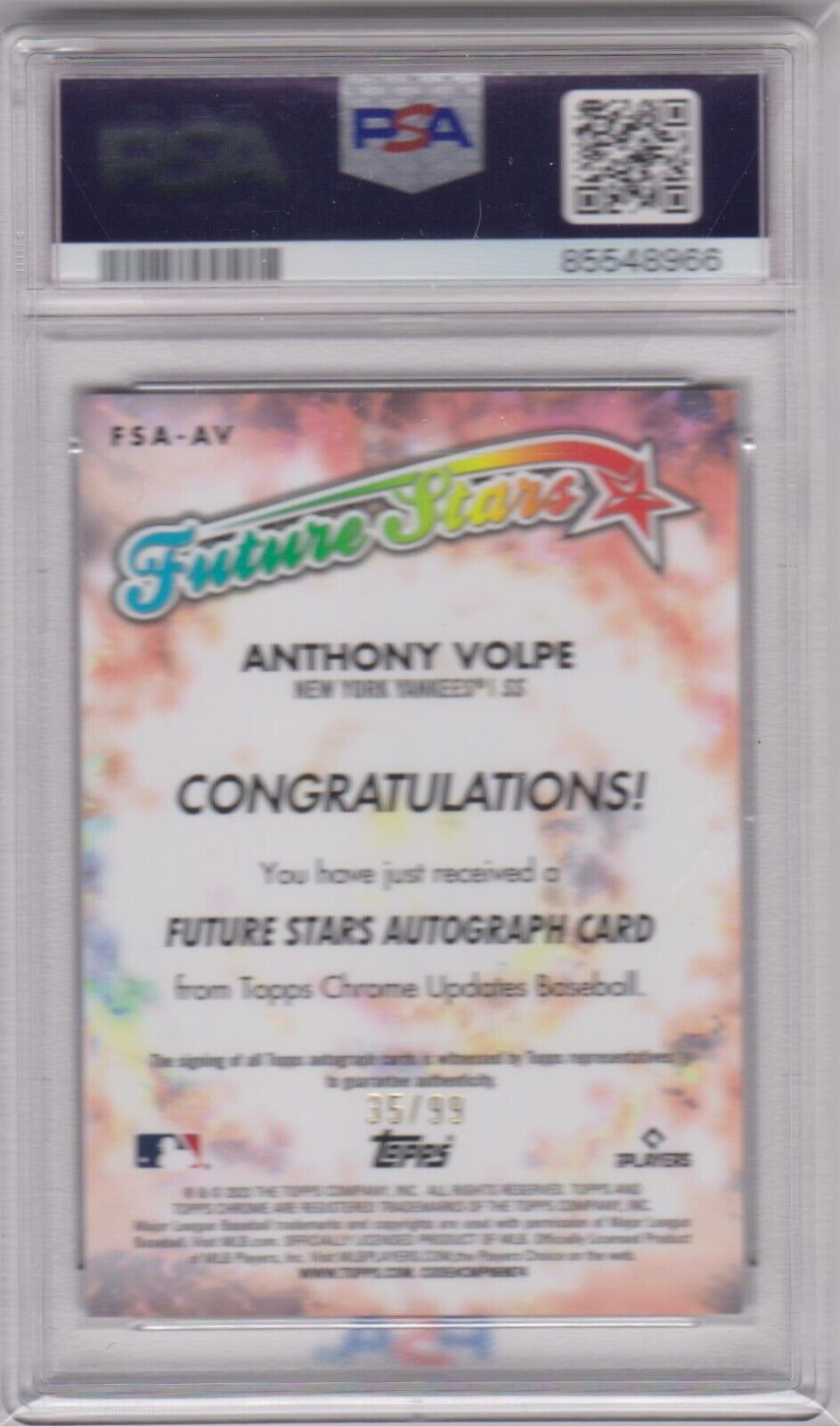 ANTHONY VOLPE 2023 Topps Chrome Update RC Rookie Autograph Auto PSA 9 10 MINT