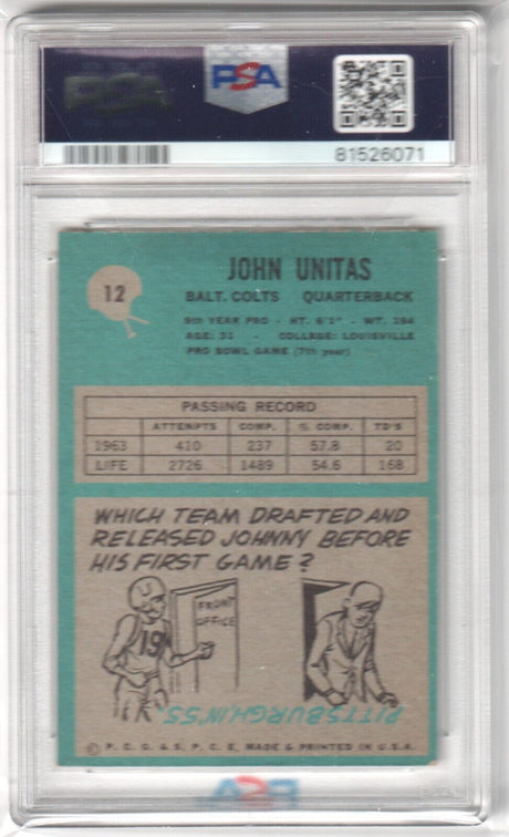 JOHNNY UNITAS 1964 Philadelphia #12 PSA 6 EX-MT - COLTS