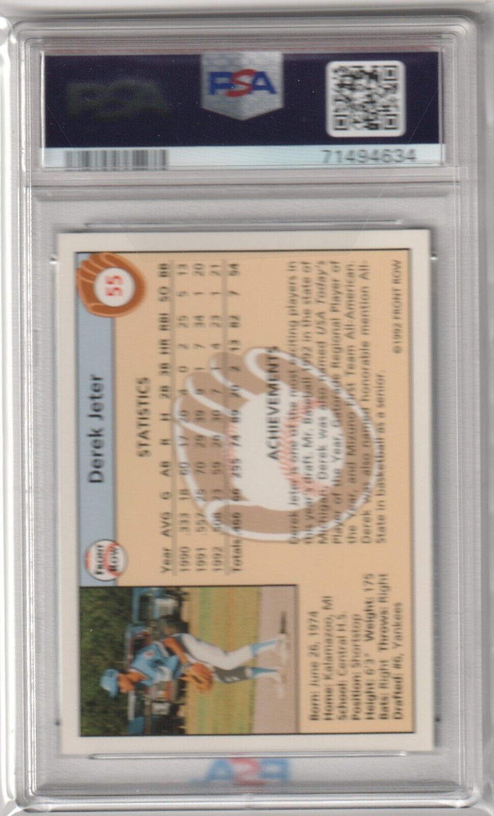 DEREK JETER 1992 Front Row Draft Picks RC Rookie #55 PSA 8 NM-MT - YANKEES