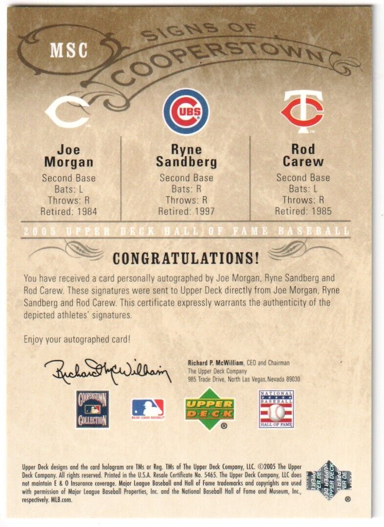 RYNE SANDBERG JOE MORGAN ROD CAREW 2005 Upper Deck Signs Autograph Auto #/5