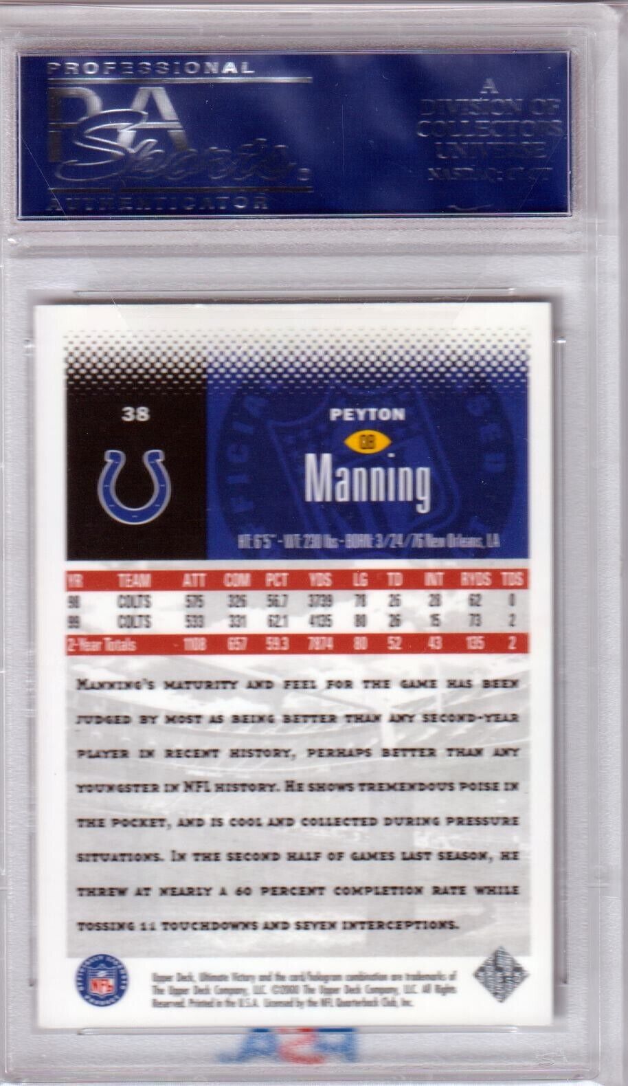 PEYTON MANNING 2000 Upper Deck Ultimate Victory #38 PSA 10 GEM MINT - COLTS