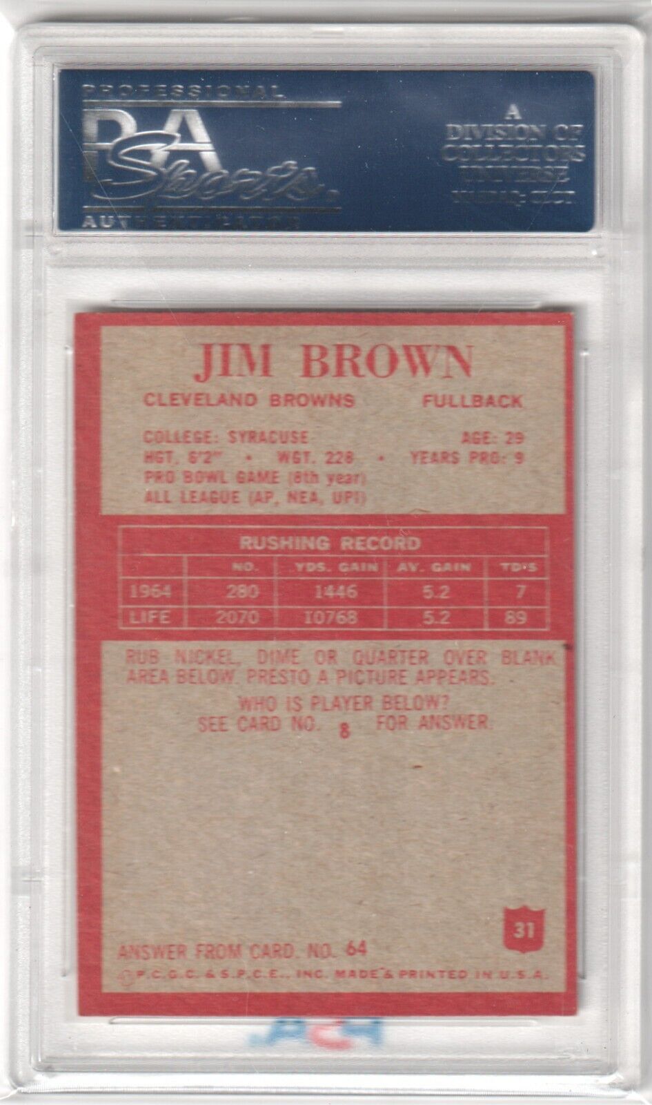 JIM BROWN 1965 Philadelphia #41 PSA 7 NM - BROWNS