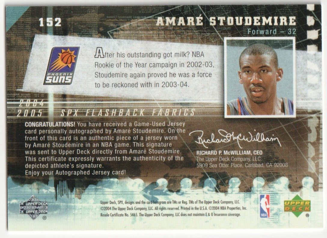 AMARE STOUDEMIRE 2004-05 Upper Deck SPx Autograph Auto Jersey  - SUNS