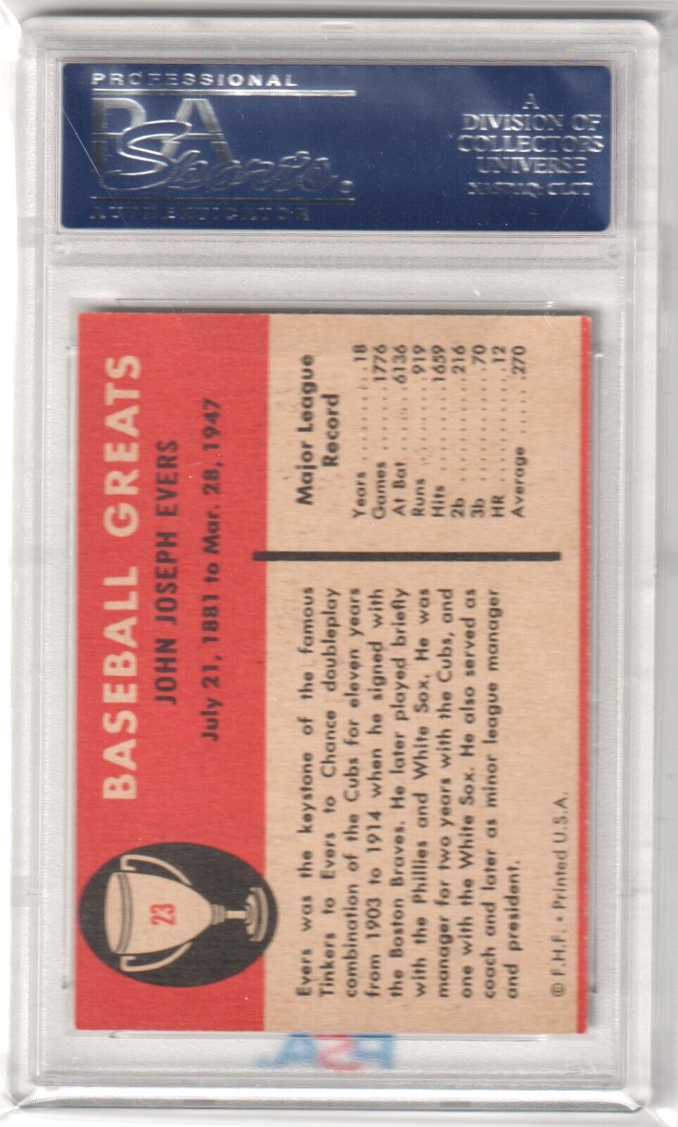 JOHNNY EVERS 1961 Fleer Baseball Greats #23 PSA 7 NM - CUBS