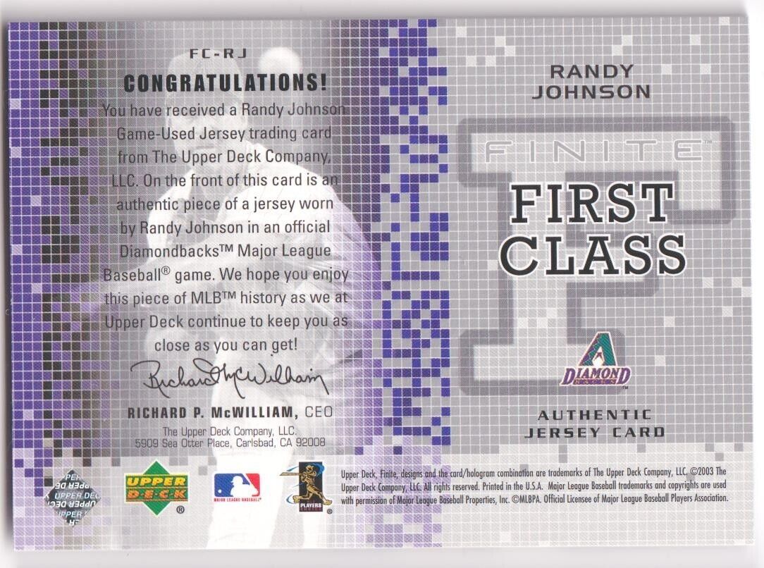 RANDY JOHNSON 2003 Upper Deck Finite First Class Game Used Jersey - DIAMONDBACKS