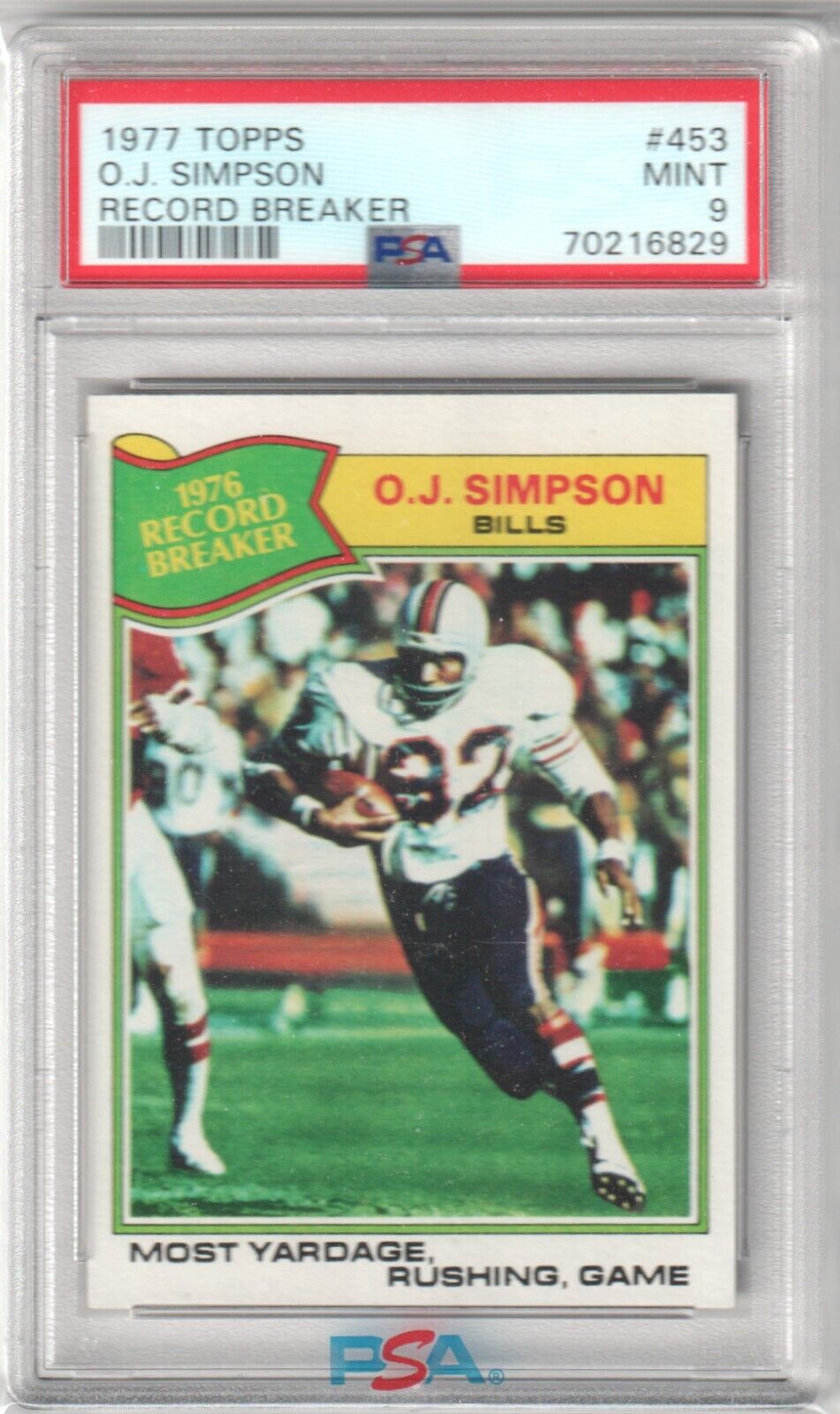 O.J. SIMPSON 1977 Topps Record Breaker #453 PSA 9 MINT - BILLS