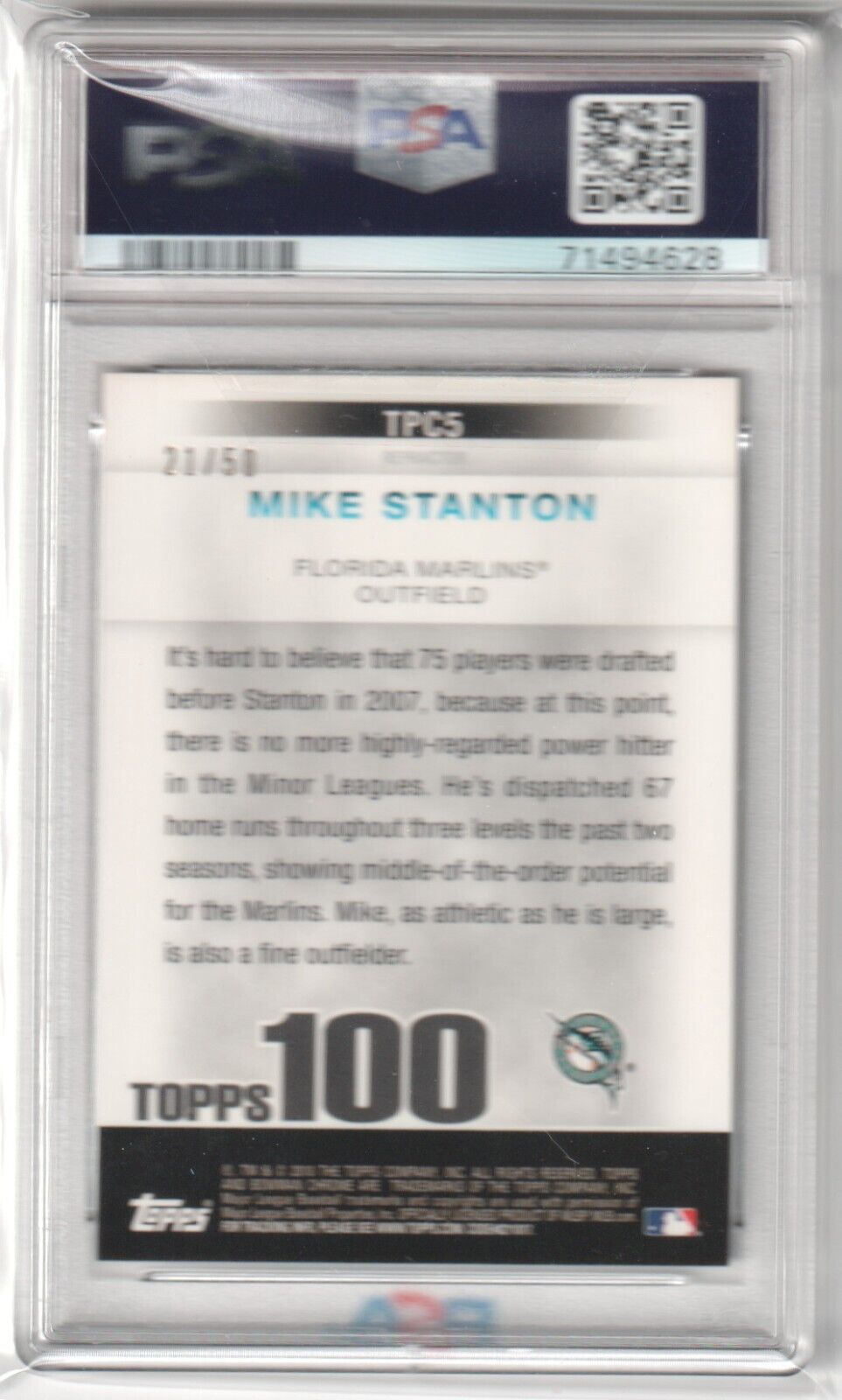 GIANCARLO MIKE STANTON 2010 Bowman Chrome Gold Refractor #TPC5 PSA 8 NM-MT #/50