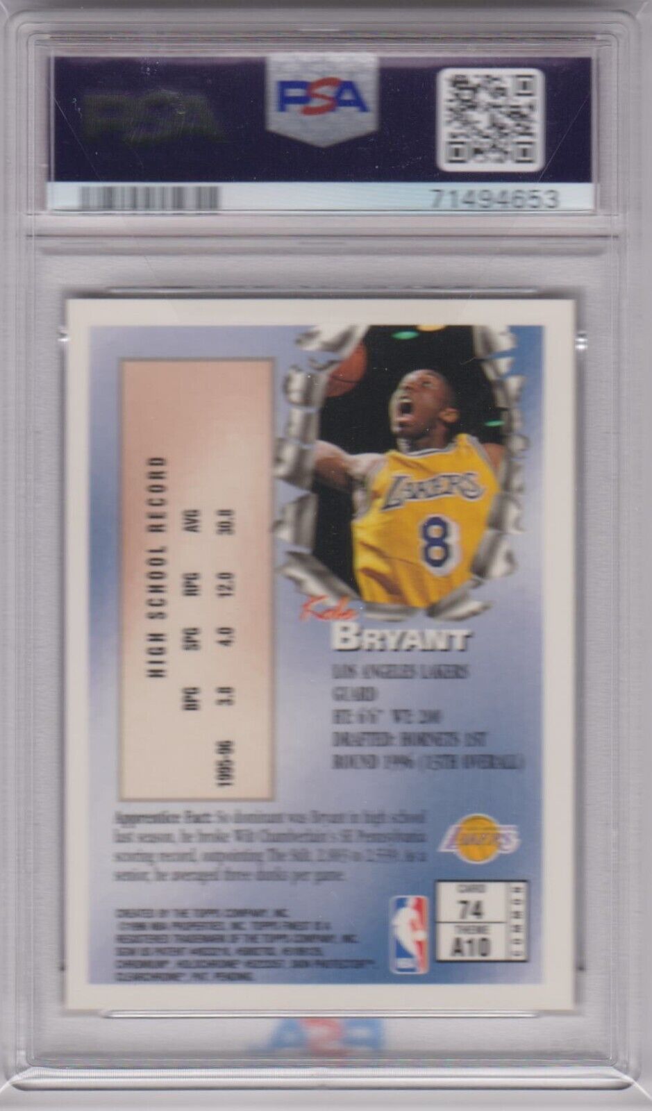 KOBE BRYANT 1996-97 Topps Finest RC Rookie w/coating #74  PSA 8 - LAKERS
