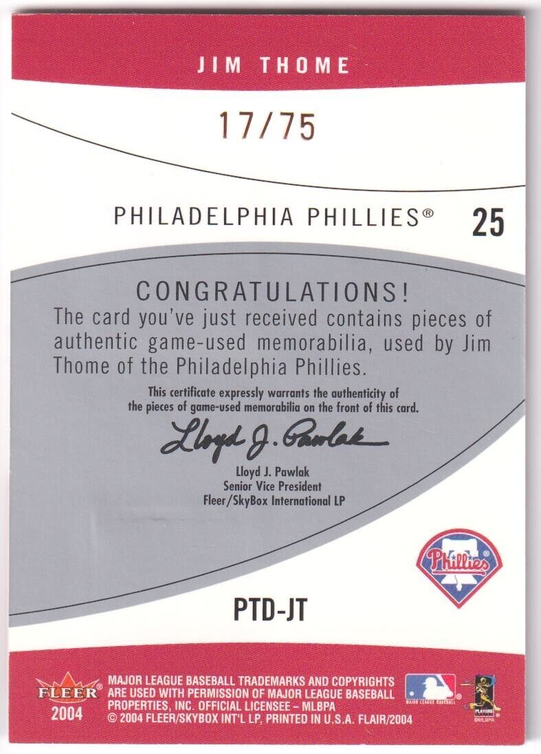 JIM THOME 2004 Fleer Flair Power Tools Dual Game Used Jersey Bat #/75 PHILLIES