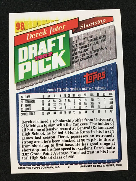 Derek Jeter 1993 Topps #98 RC Rookie HOF New York Yankees