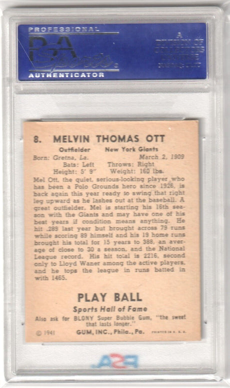 MEL OTT 1941 Play Ball #8 PSA 4 VG-EX - GIANTS