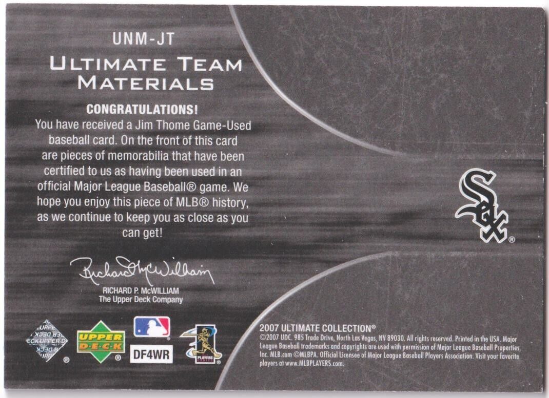 JIM THOME 2007 Upper Deck Ultimate Dual Game Used Jersey SP #/25 - WHITE SOX