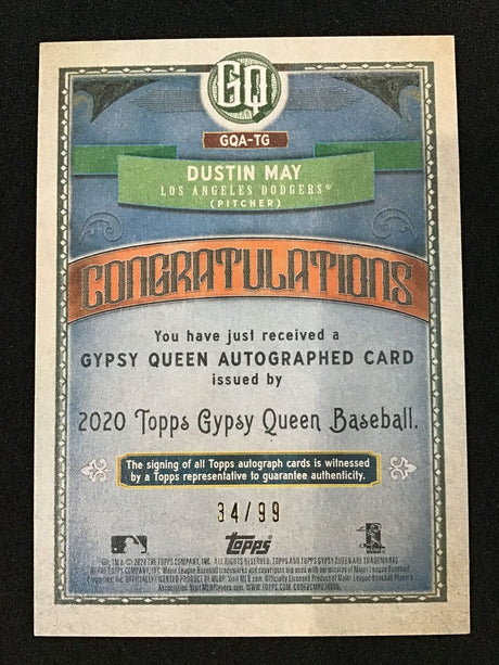 Dustin May 2020 Topps Gypsy Queen RC Auto /99 GQA-TG SP Dodgers