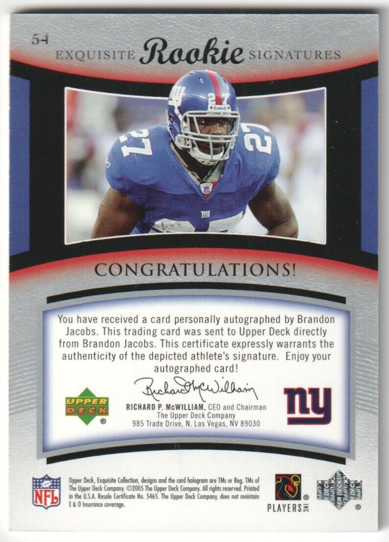 BRANDON JACOBS 2005 Upper Deck Exquisite RC Rookie Autograph Auto #/150 - GIANTS