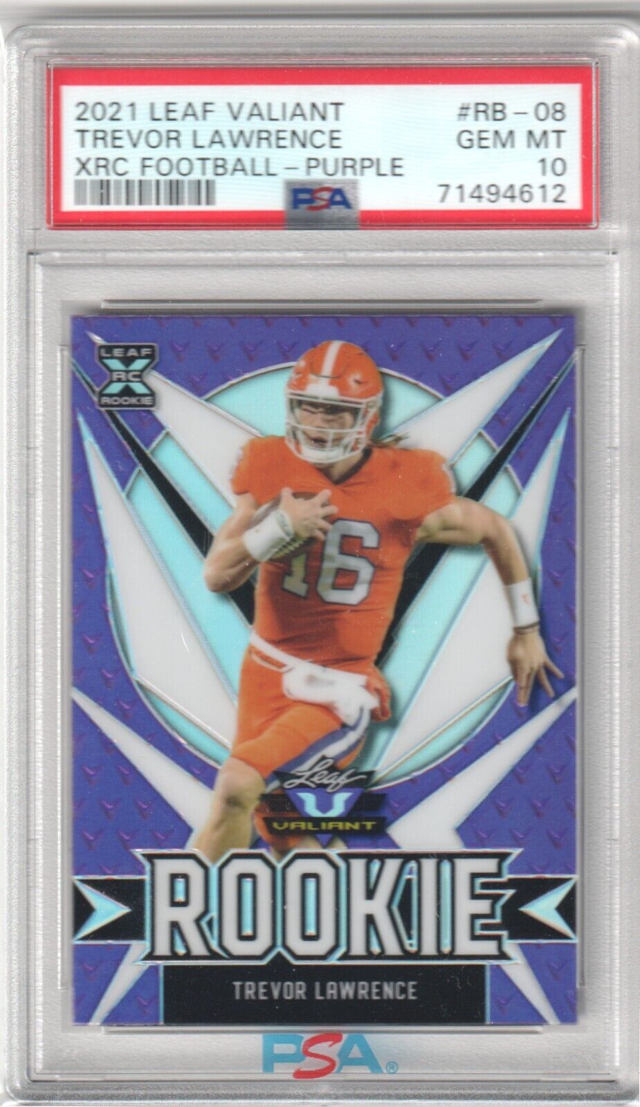 TREVOR LAWRENCE 2021 Leaf Valiant RC Rookoie Purple #/50 - PSA 10 GEM MINT