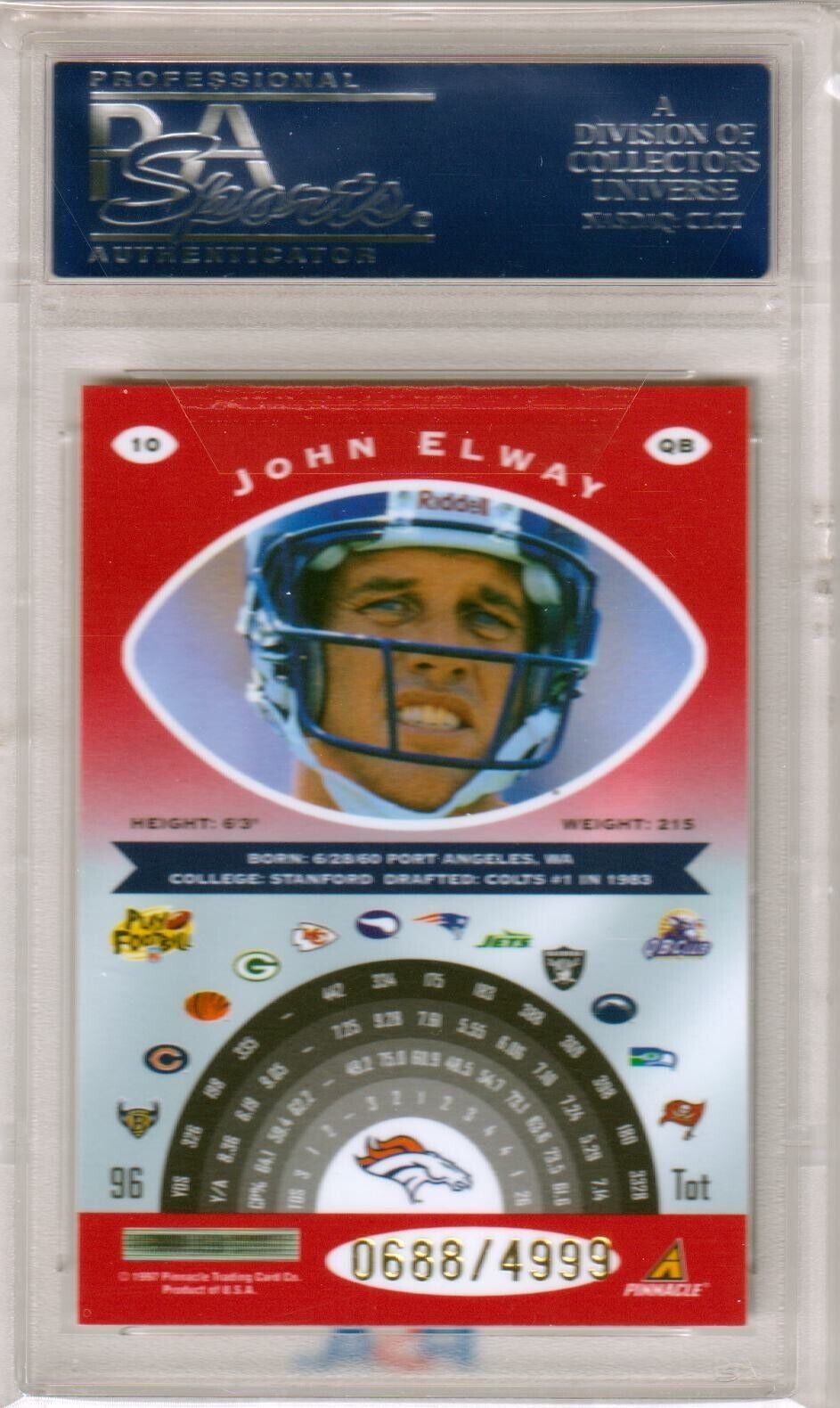 JOHN ELWAY 1997 Totally Certified Platinum Red #/4999 PSA 10 GEM MINT - BRONCOS