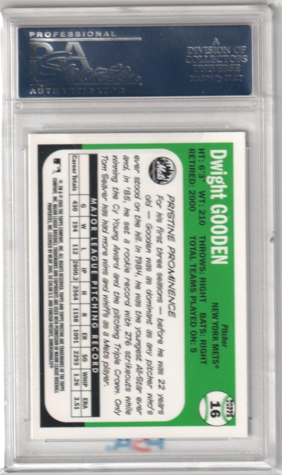 DWIGHT GOODEN 2006 Topps Pristine Autograph Auto #16 PSA 10 GEM MINT - METS