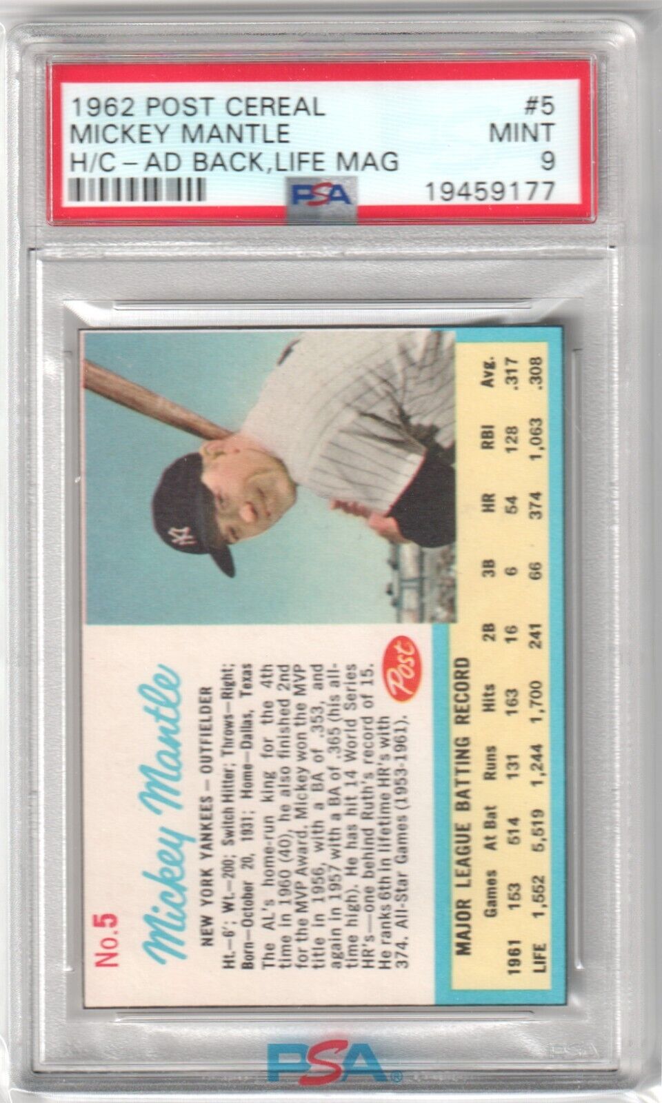 MICKEY MANTLE 1962 Post Cereal Ad Back Life Magazine #5 PSA 9 MINT - YANKEES