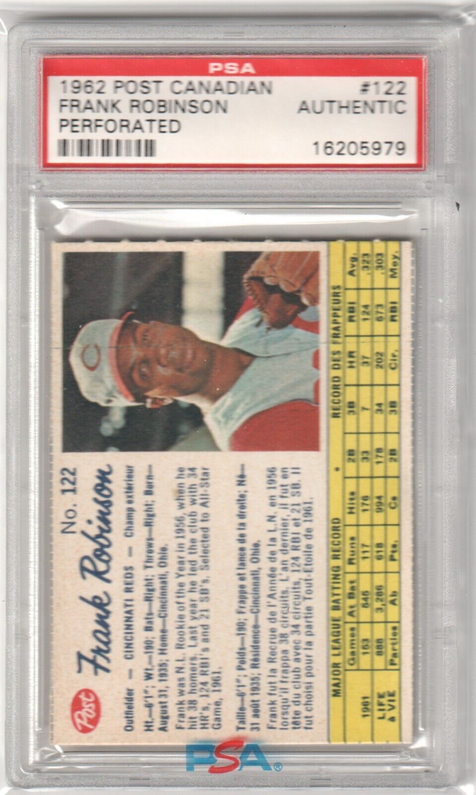 FRANK ROBINSON 1962 Post Canadian #122 PSA Authentic - REDS