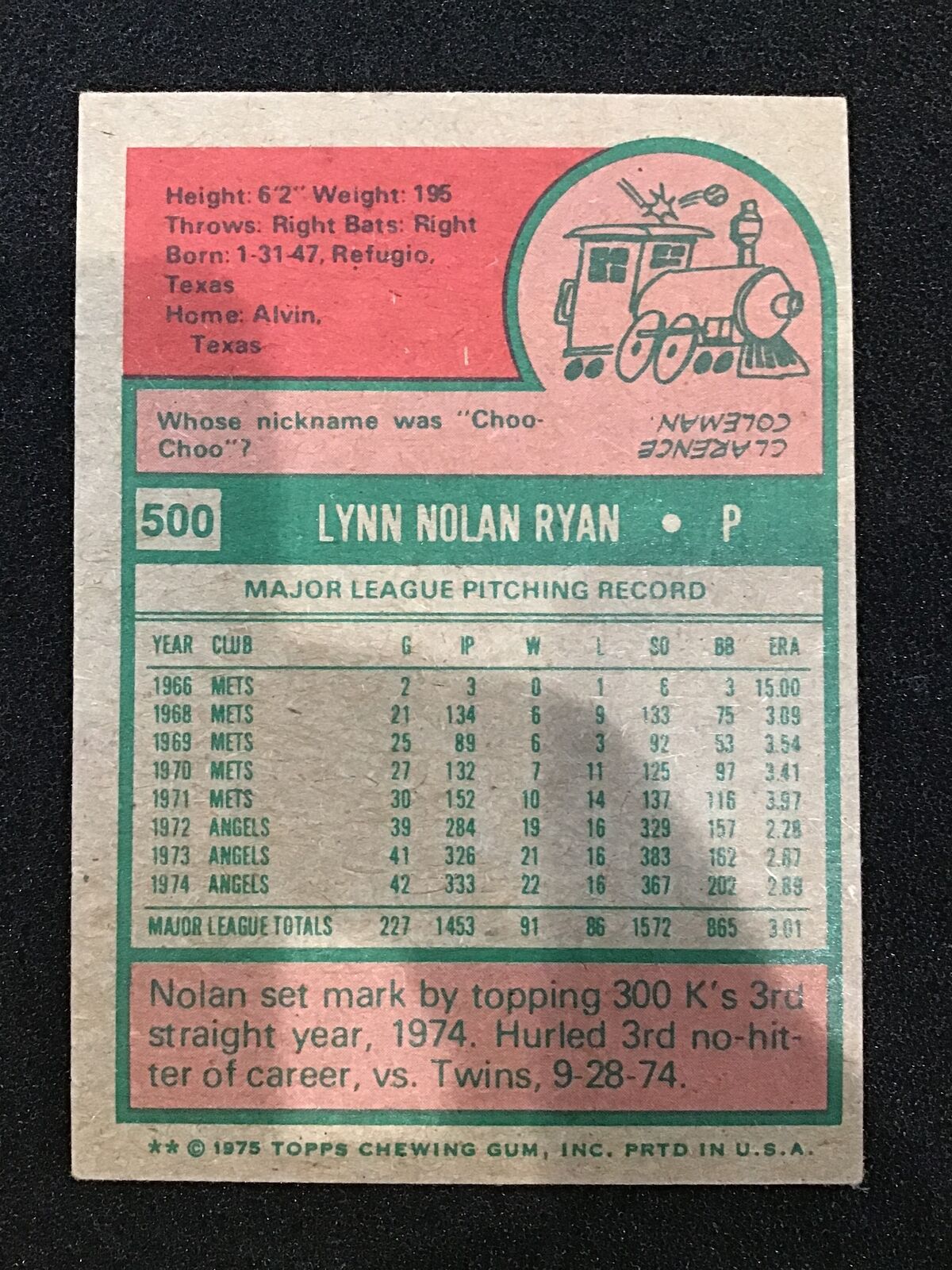 Nolan Ryan 1975 Topps Mini #500 - California Angels