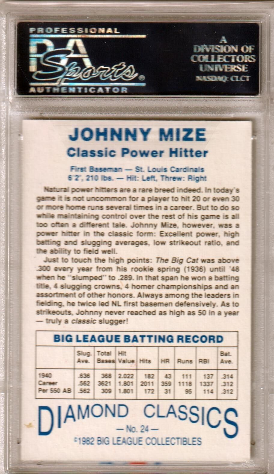 JOHNNY MIZE 1982 Big League Collect Autograph Auto #24 PSA/DNA Auth CARDINALS