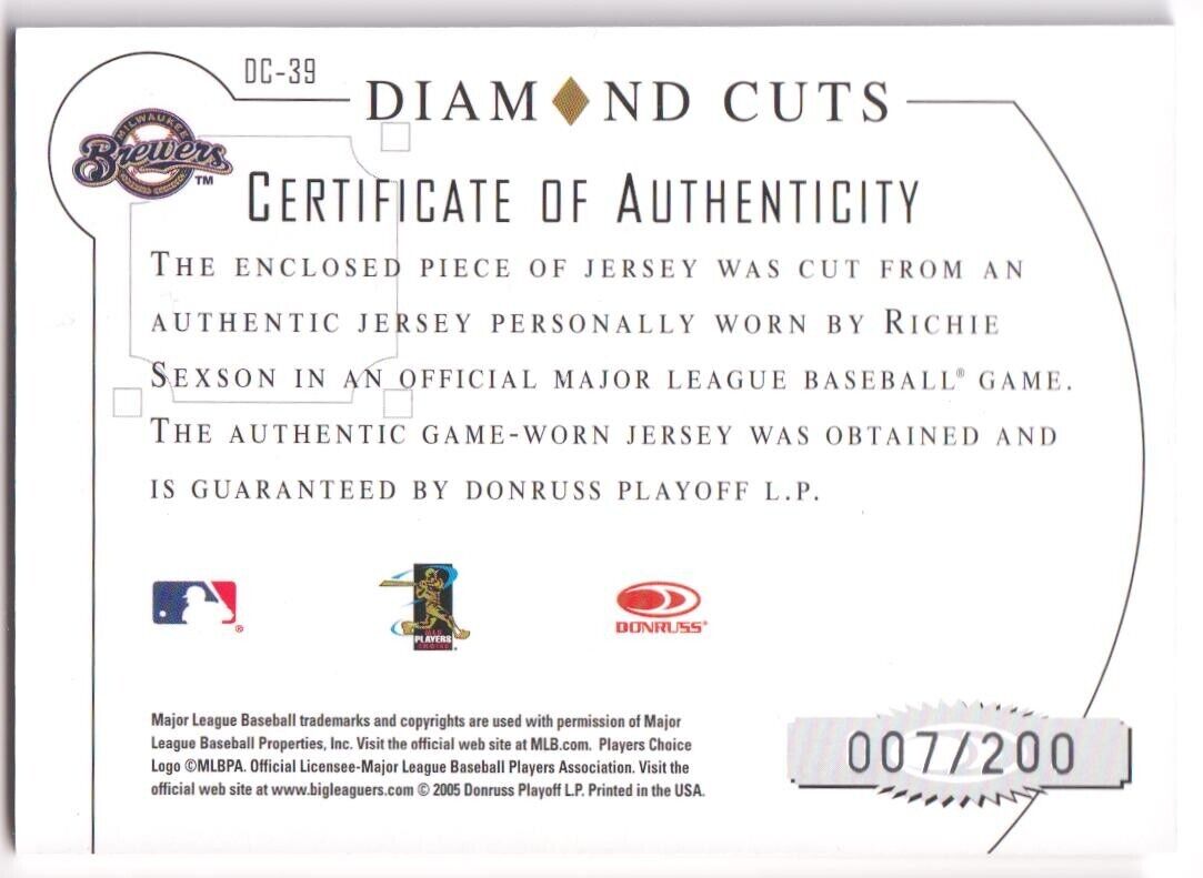 RICHIE SEXSON 2005 Donruss Diamond Kings Game Used Jersey #/200 - BREWERS