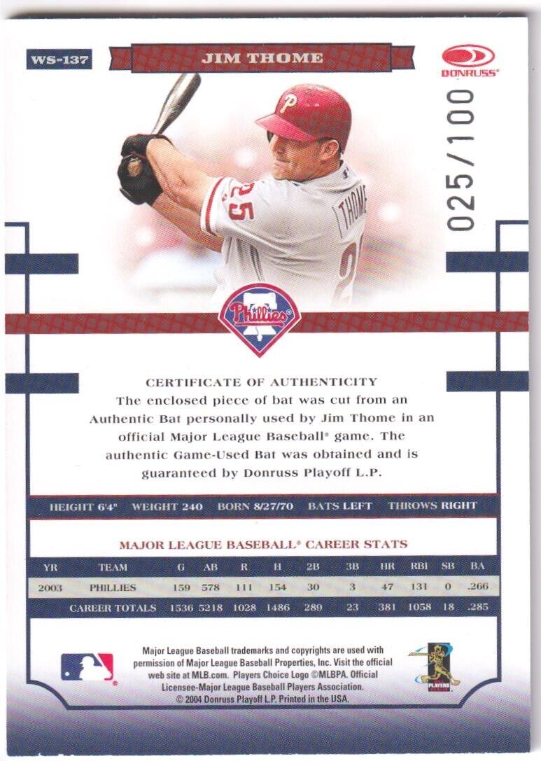 JIM THOME 2004 Donruss World Series Game Used Bat SSP #/100 - PHILLIES